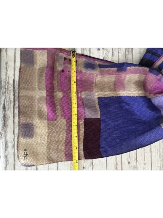ECHO Purple Pink Brown Geometric Sheer 100% Silk Oblong Scarf 58" - Picture 5 of 7